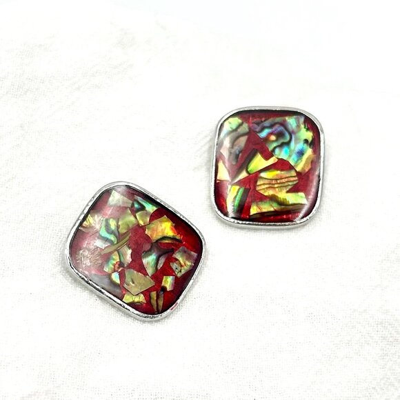 VTG Red & Abalone Shell Square Pierced Earrings, Native American, Boho Jewelry - Picture 1 of 6